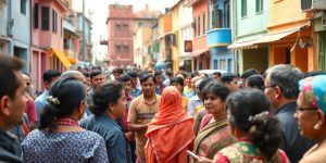 Oameni discutând pe stradă despre reforme politice.