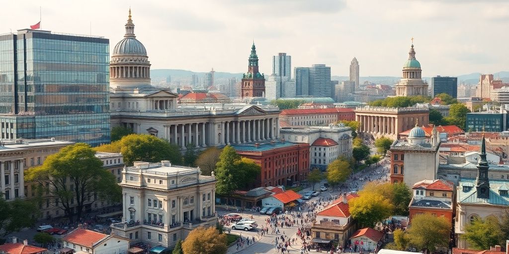 Peisaj urban vibrant cu clădiri politice și comunități diverse.