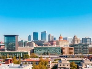 Peisaj urban modern din România, reflectând relațiile externe.