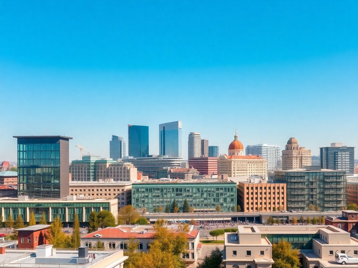 Peisaj urban modern din România, reflectând relațiile externe.