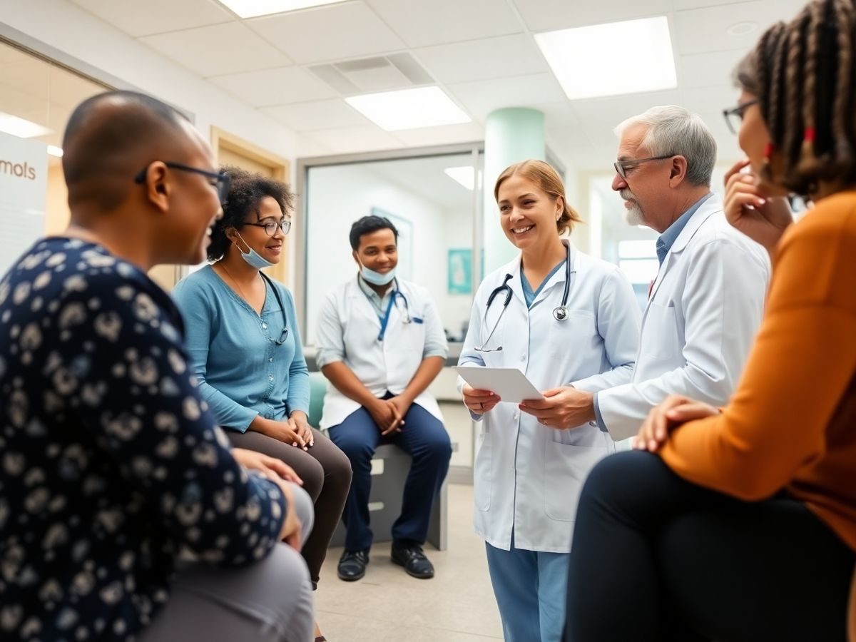 Un profesionist în sănătate discutând cu pacienți diversificați.