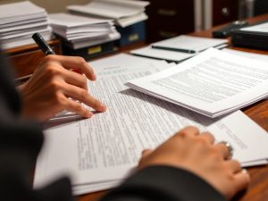 Persoană citind documente legislative la birou.