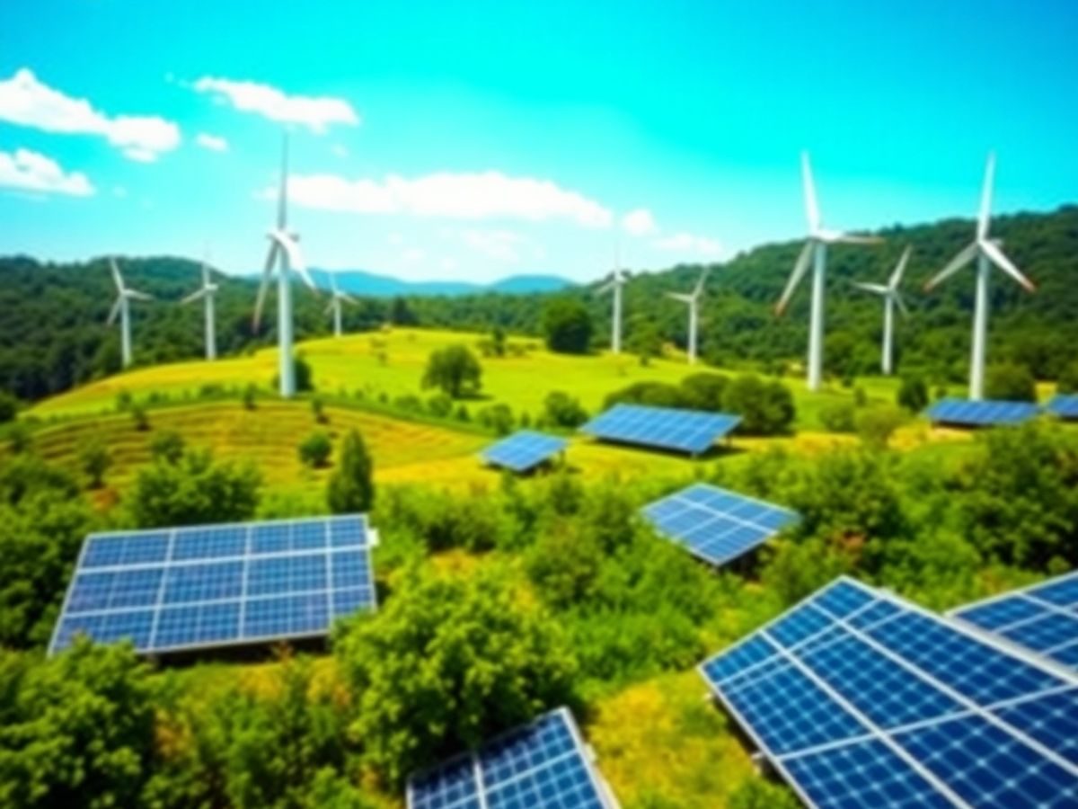 Peisaj cu turbine eoliene și panouri solare în natură.