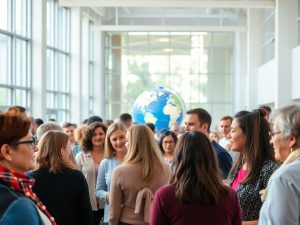 Oameni diverși, interacționând, în fața unui glob pământesc