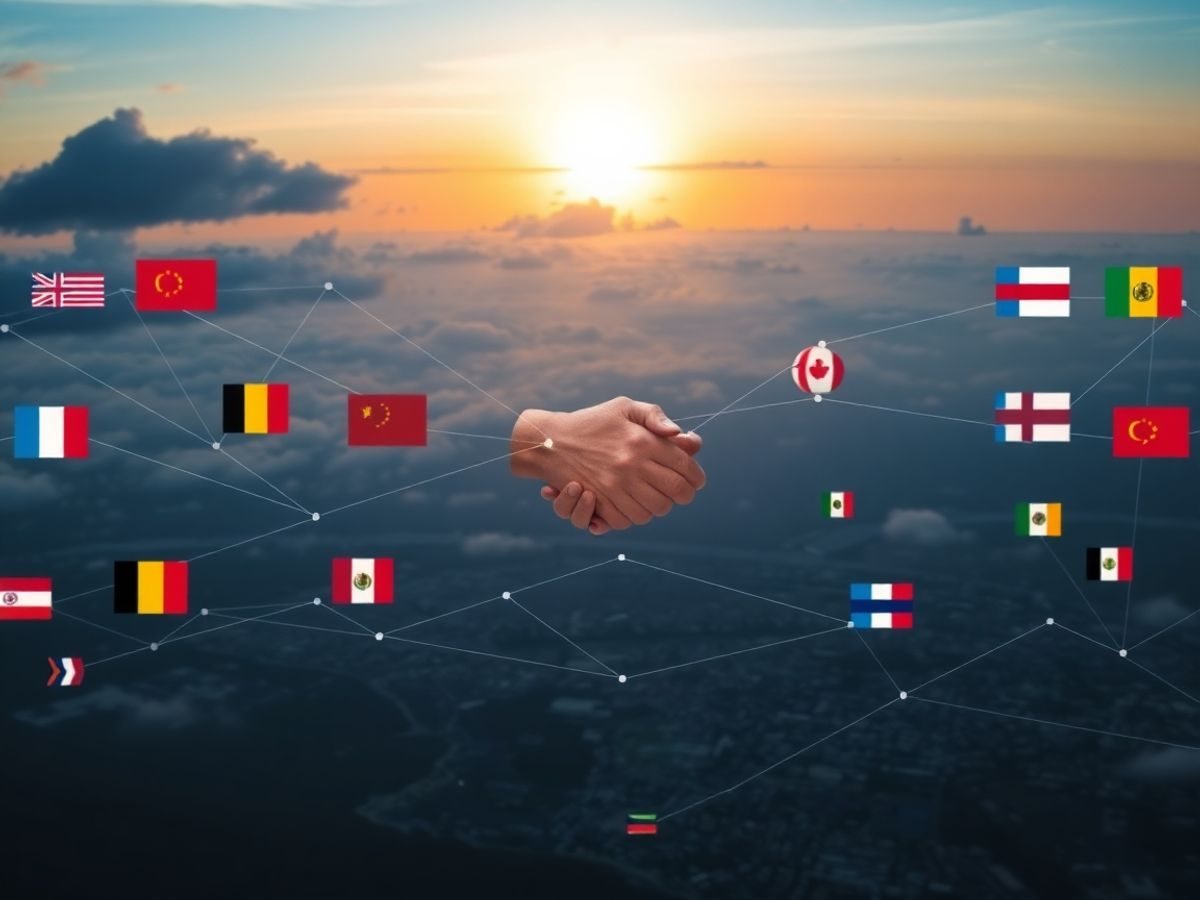 Hărți globale, steaguri naționale, strângeri de mână diplomatice, fundal de apus.