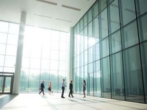 Clădire guvernamentală modernă, luminată, cu fațade transparente și oameni discutând.