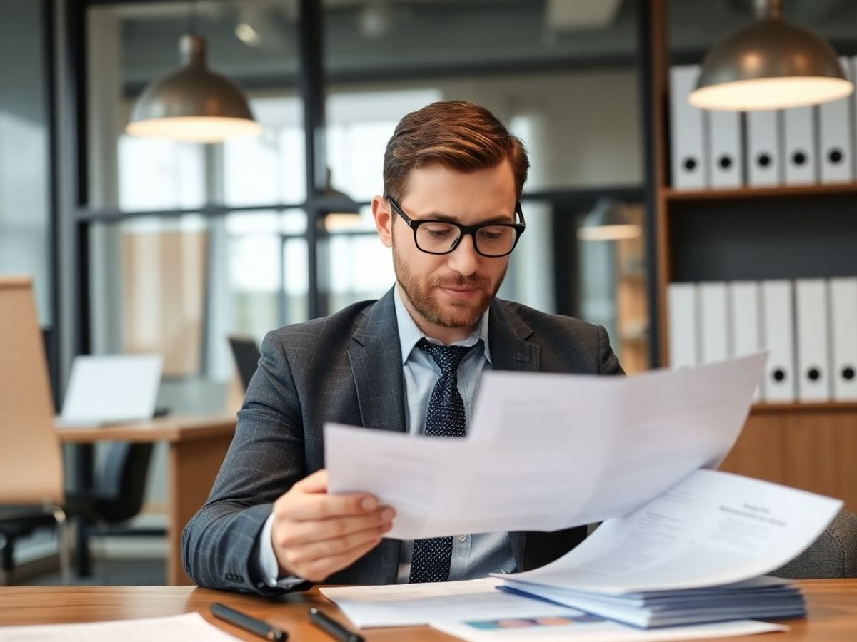 Antreprenori consultând documente legale într-un birou modern.