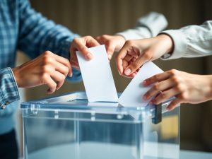 Oameni votând la o urnă de vot