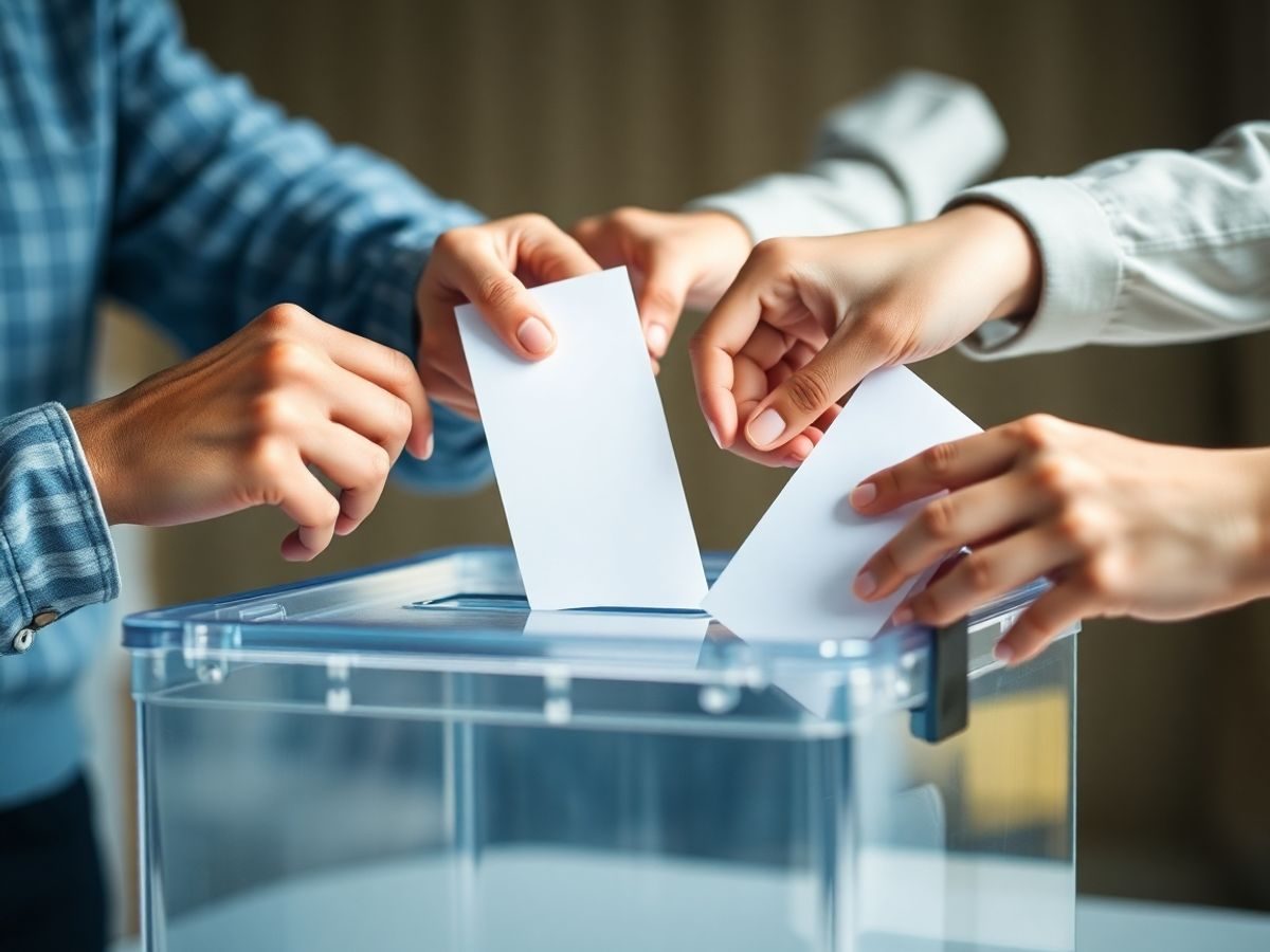 Oameni votând la o urnă de vot