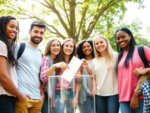 Tineri diversi plini de zâmbete introduc vot într-o urnă transparentă