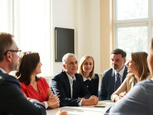 Oameni discutând la o masă, conferință.