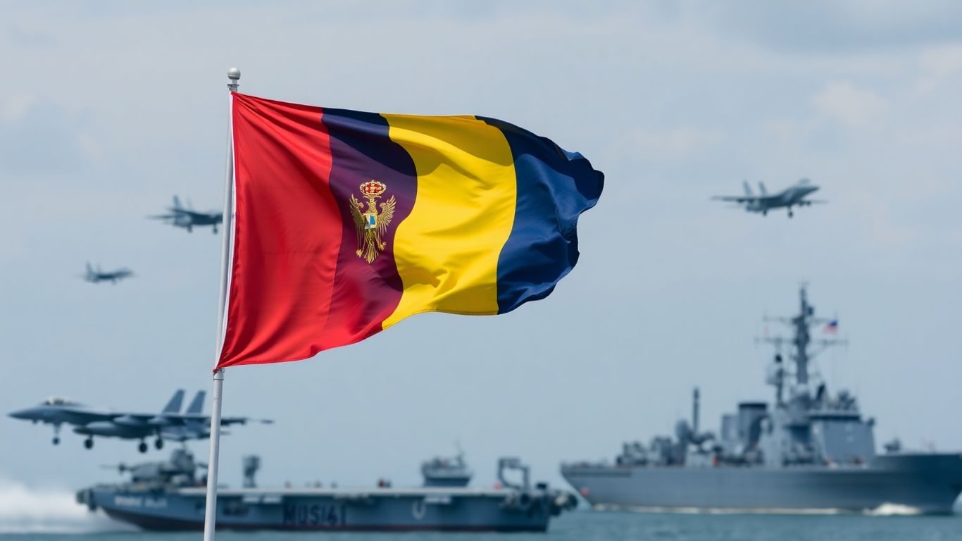 Steagul României flutură lângă avioane și nave militare.