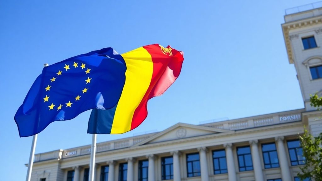 Steaguri UE și România în fața unei clădiri oficiale