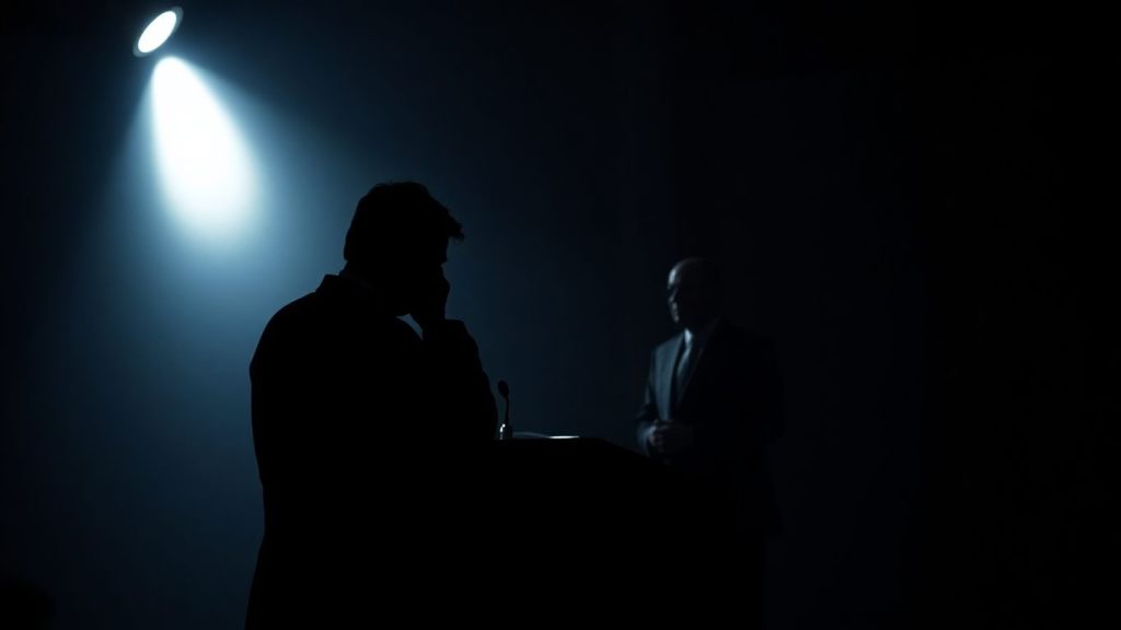 Puterea Nevăzută a Consilierilor Politici: Cine Stă În Spatele Discursurilor Care Ne Conving 1 Siluetă ascunsă șoptind sfaturi unui politician.